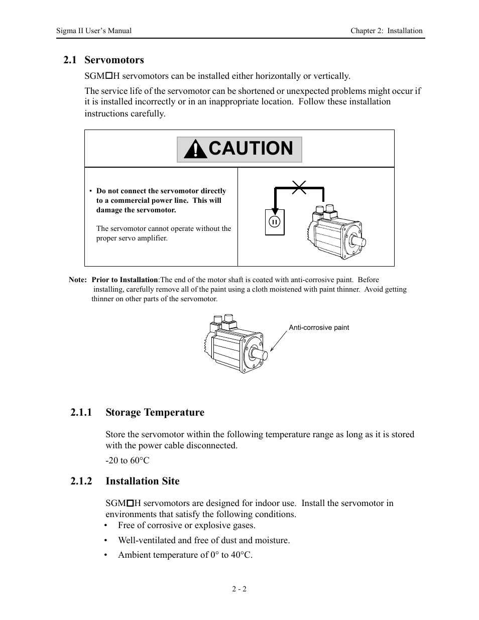 1 servomotors, 1 storage temperature, 2 installation site | 1 servomotors - 2, 1 servomotors -2, Storage temperature -2, Installation site -2, Caution | Yaskawa Sigma II Series Servo System User Manual | Page 30 / 492