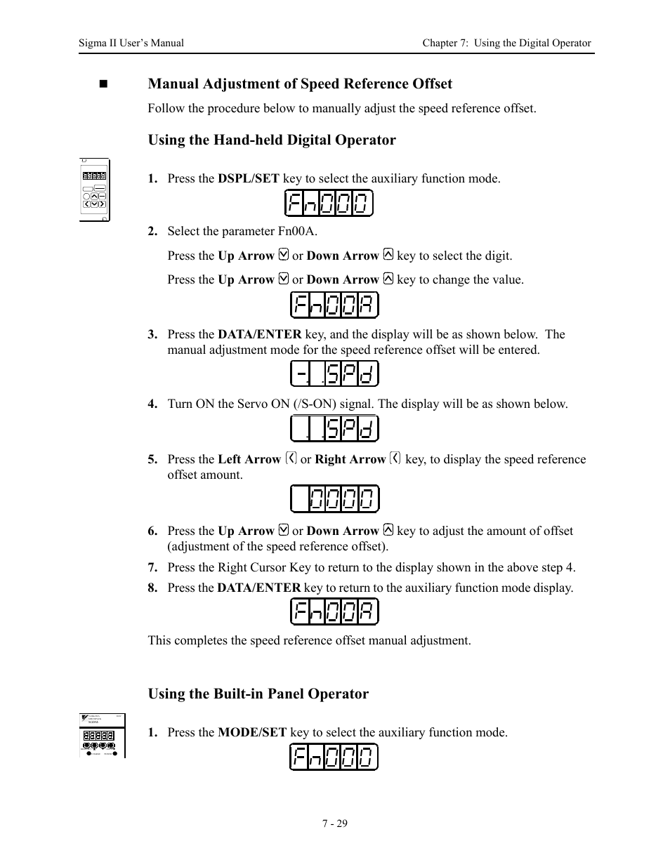Manual adjustment of speed reference offset, Using the hand-held digital operator, Using the built-in panel operator | Yaskawa Sigma II Series Servo System User Manual | Page 303 / 492