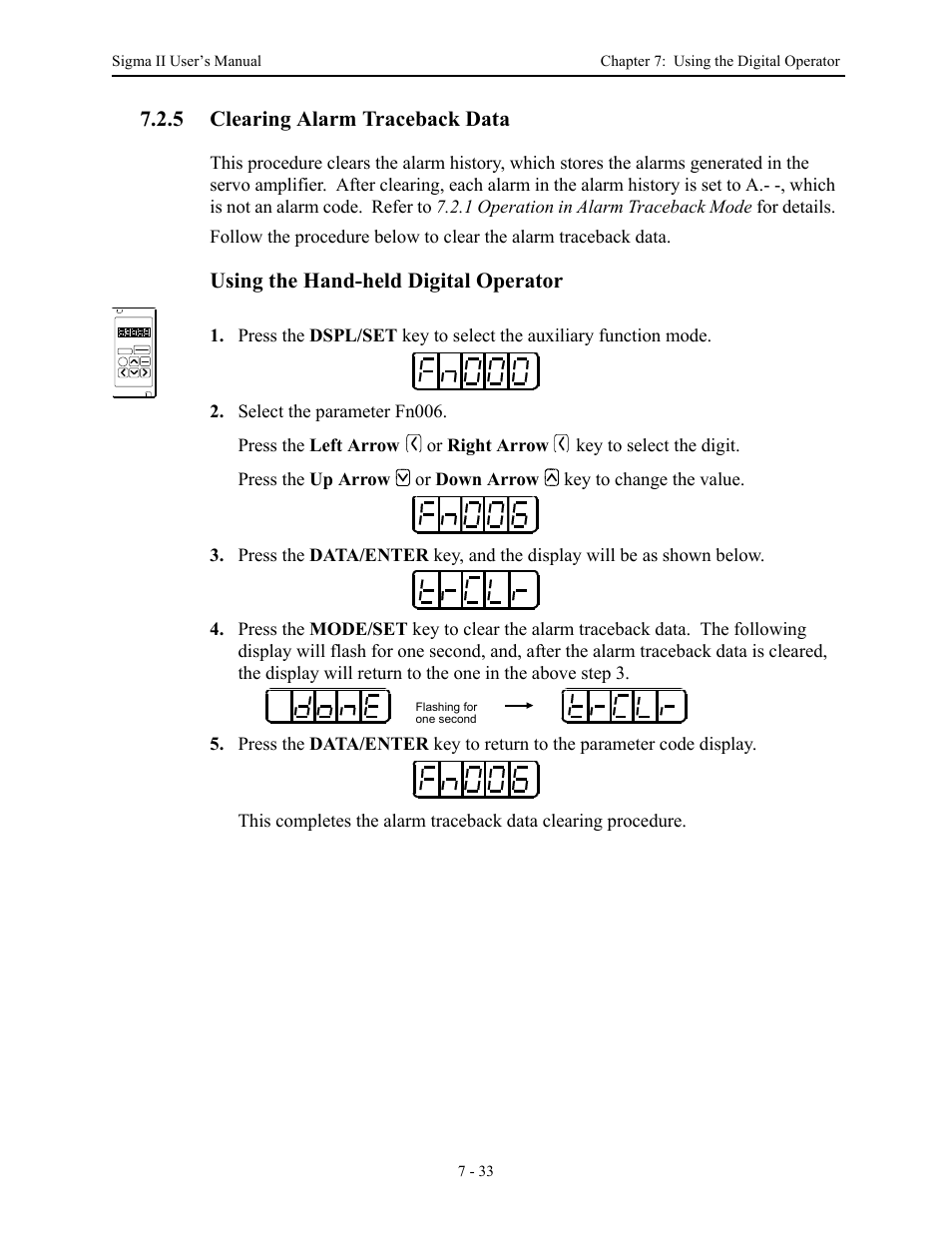 5 clearing alarm traceback data, 5 clearing alarm traceback data - 33, Clearing alarm traceback data -33 | Using the hand-held digital operator | Yaskawa Sigma II Series Servo System User Manual | Page 307 / 492