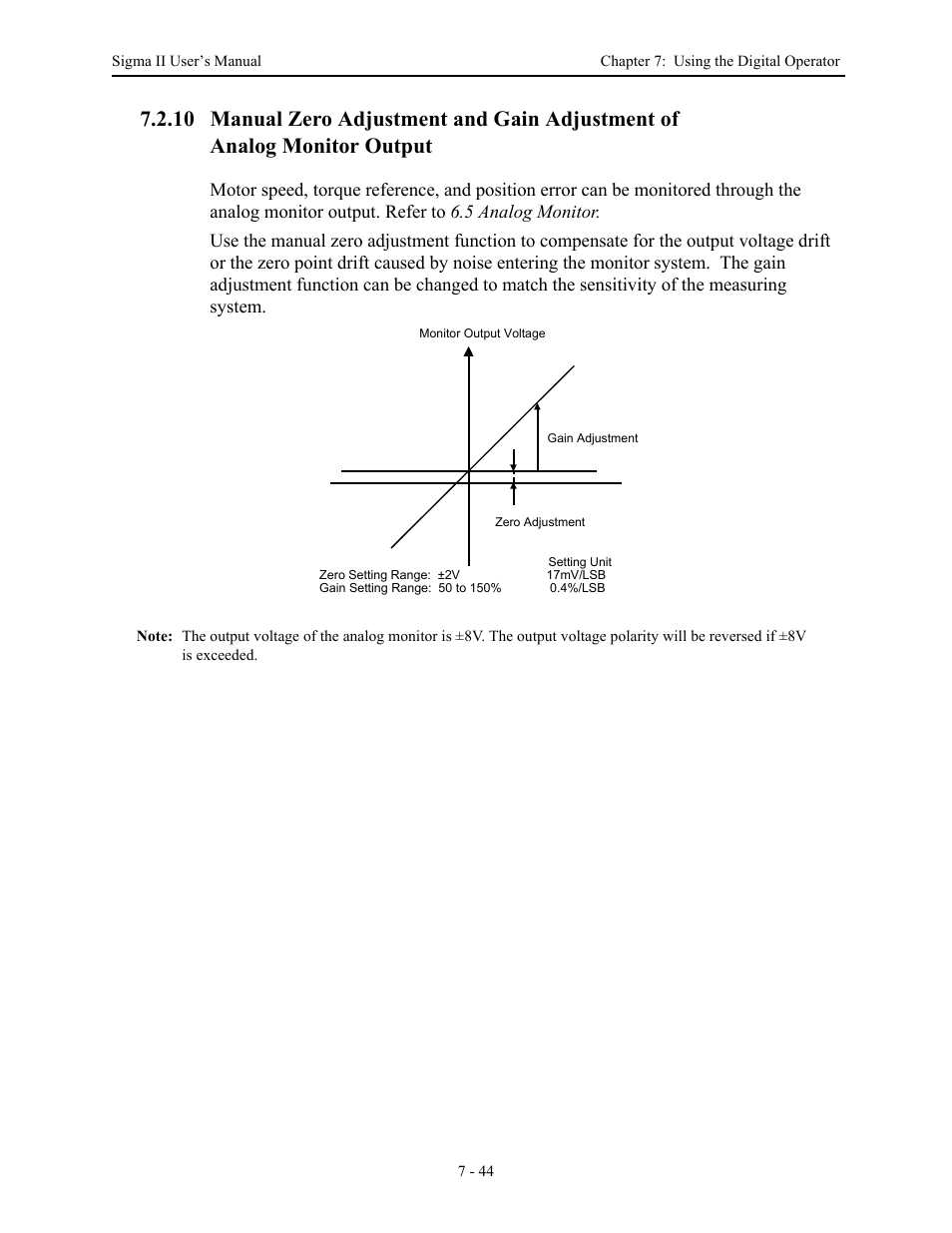 10 manual zero adjustment and gain adjustment of, Analog monitor output - 44 | Yaskawa Sigma II Series Servo System User Manual | Page 318 / 492
