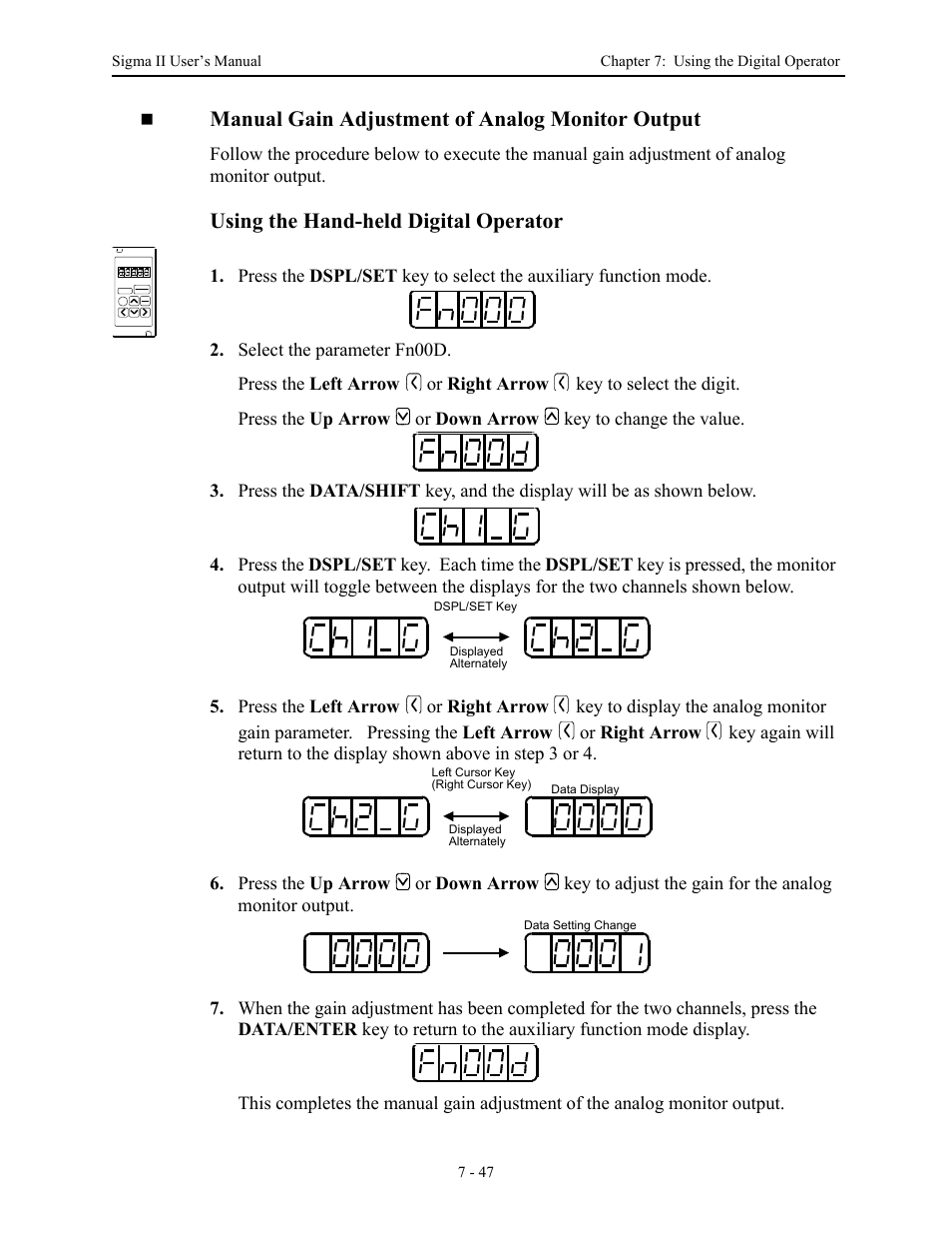 Manual gain adjustment of analog monitor output, Using the hand-held digital operator | Yaskawa Sigma II Series Servo System User Manual | Page 321 / 492