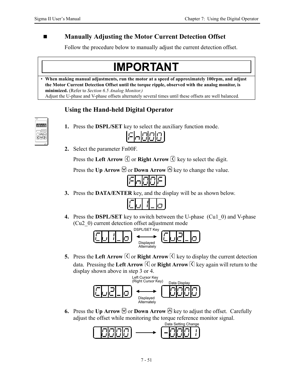 Important, Using the hand-held digital operator | Yaskawa Sigma II Series Servo System User Manual | Page 325 / 492
