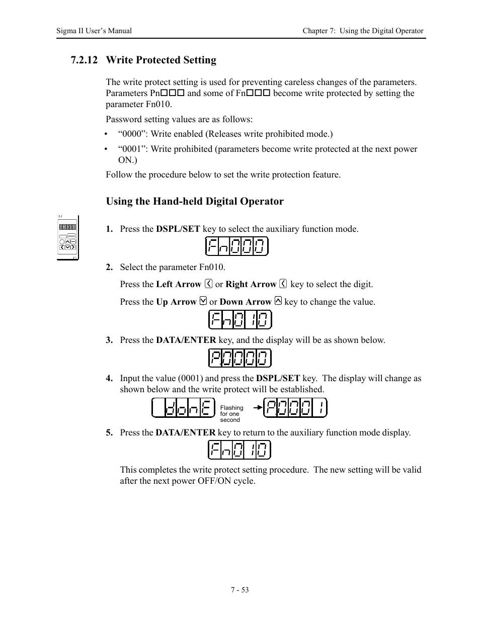 12 write protected setting, 12 write protected setting - 53, Write protected setting -53 | Using the hand-held digital operator | Yaskawa Sigma II Series Servo System User Manual | Page 327 / 492