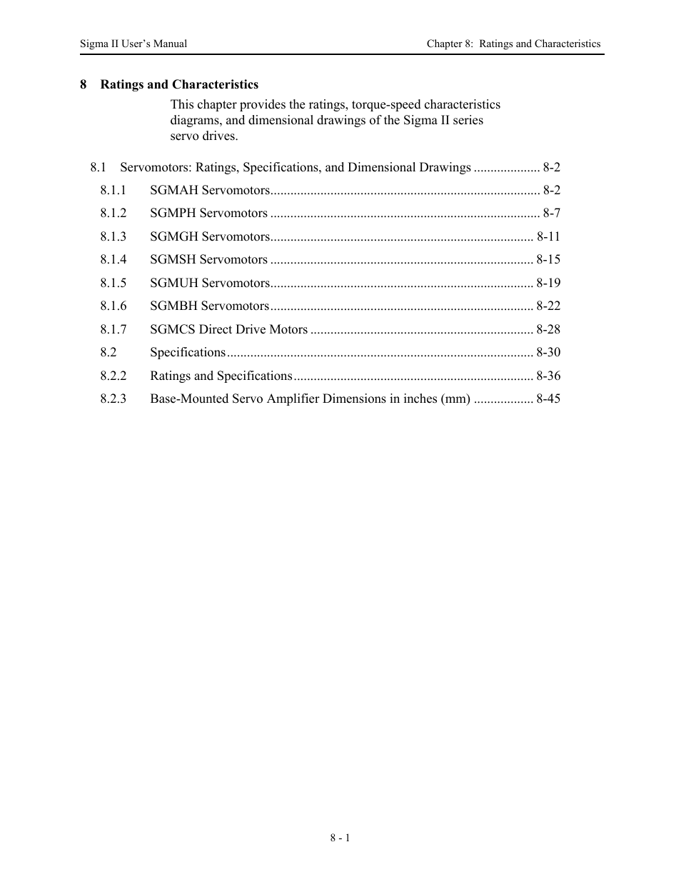 8 ratings and characteristics, Ratings and characteristics - 1 | Yaskawa Sigma II Series Servo System User Manual | Page 331 / 492