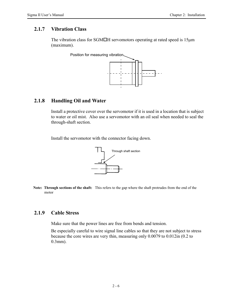 7 vibration class, 8 handling oil and water, 9 cable stress | Vibration class -6, Handling oil and water -6, Cable stress -6 | Yaskawa Sigma II Series Servo System User Manual | Page 34 / 492