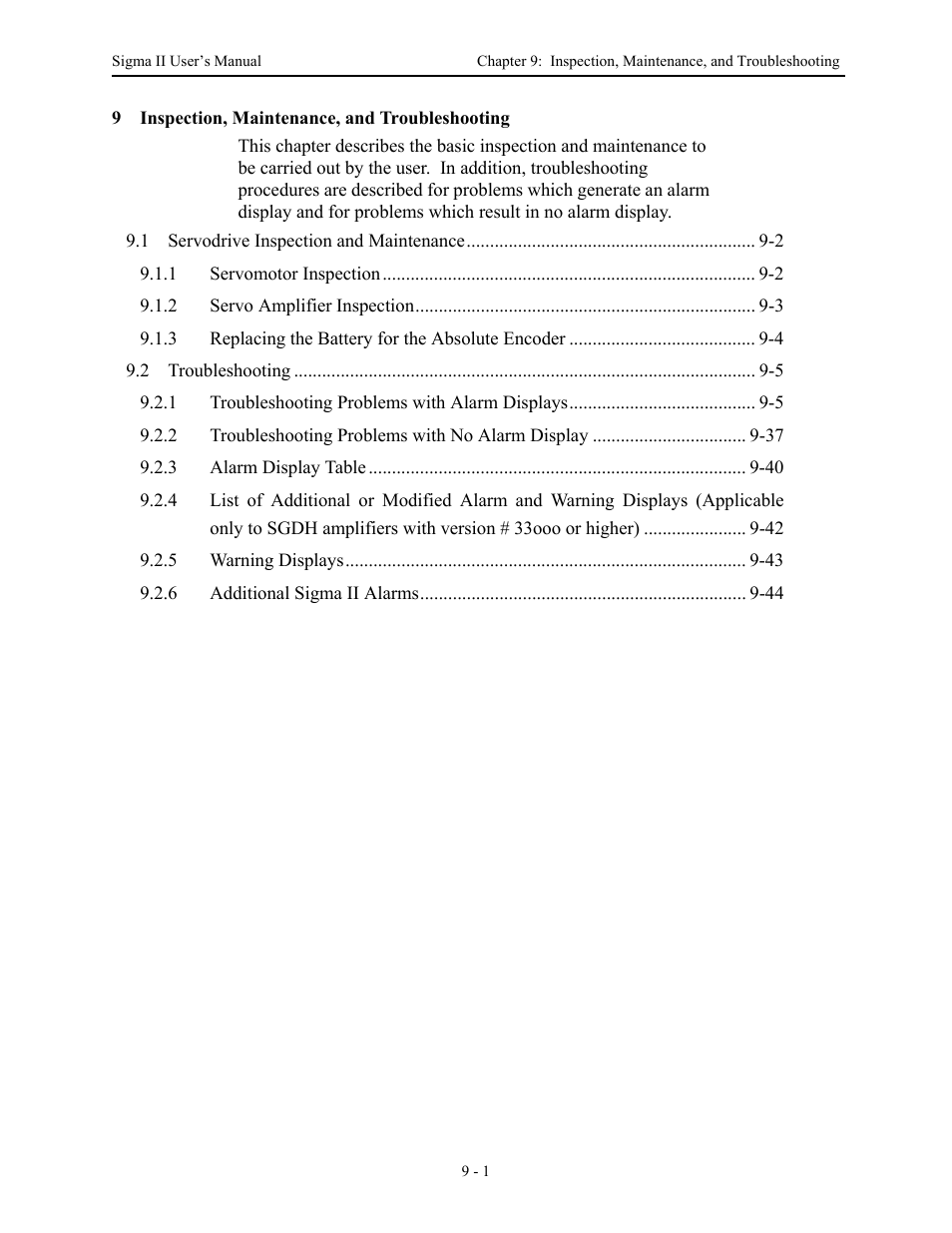 9 inspection, maintenance, and troubleshooting, Inspection, maintenance, and troubleshooting - 1 | Yaskawa Sigma II Series Servo System User Manual | Page 389 / 492