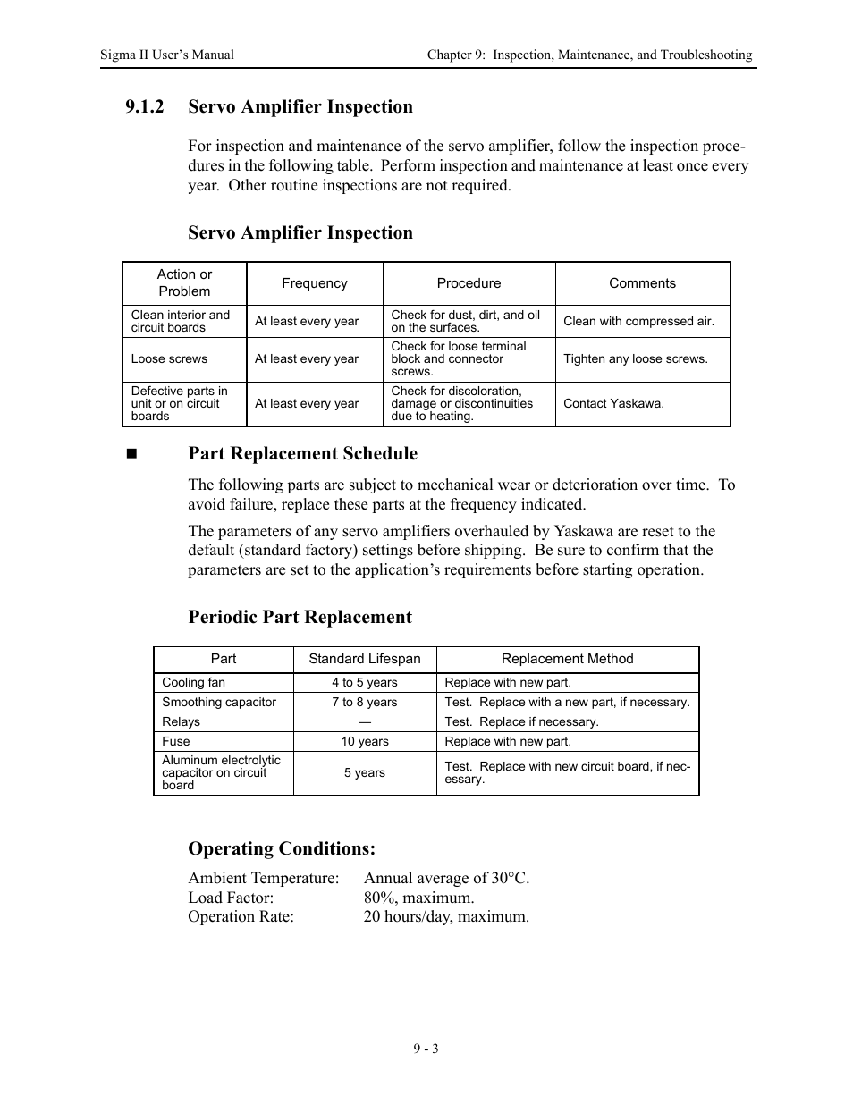 2 servo amplifier inspection, 2 servo amplifier inspection - 3, Servo amplifier inspection -3 | Periodic part replacement operating conditions | Yaskawa Sigma II Series Servo System User Manual | Page 391 / 492