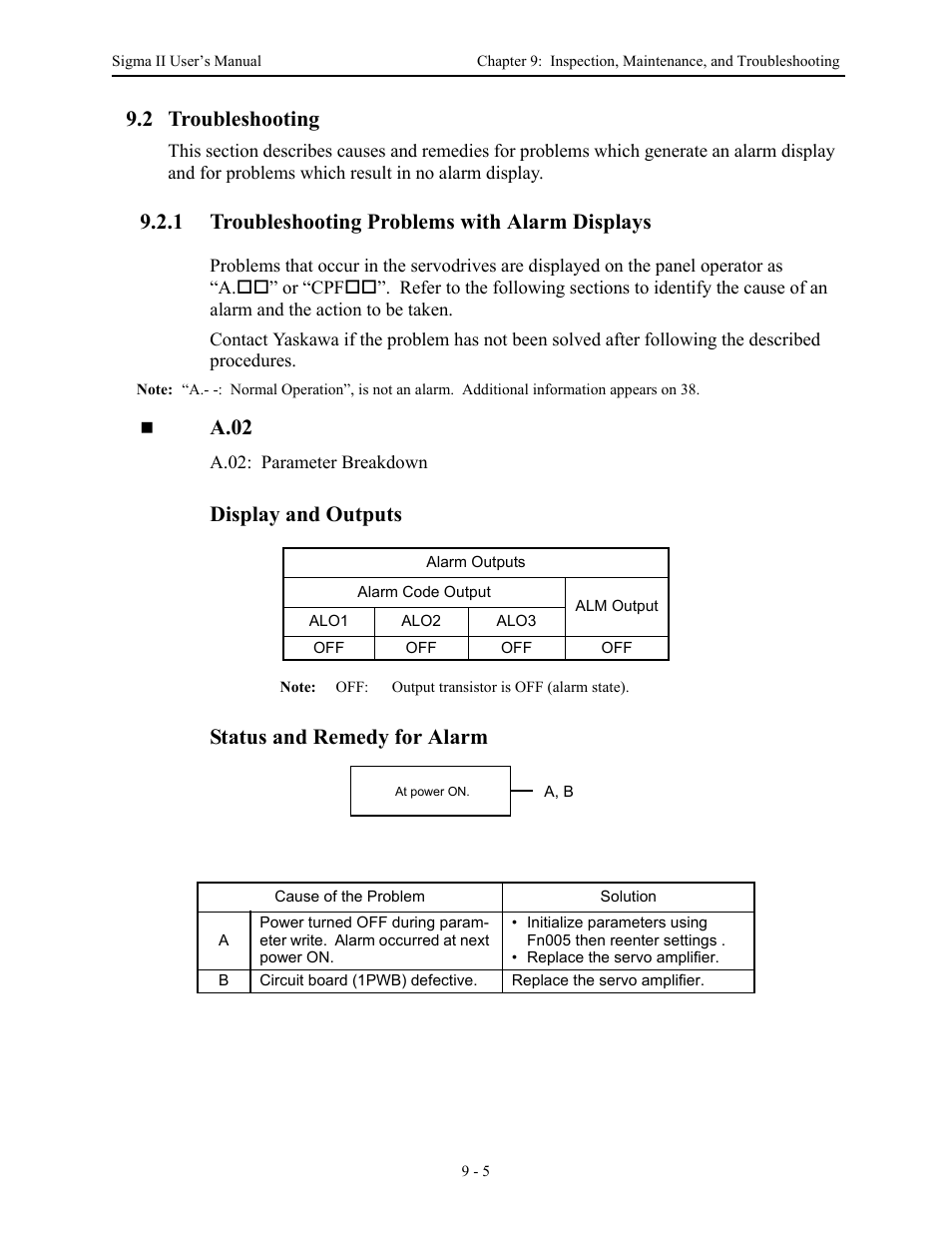 2 troubleshooting, 1 troubleshooting problems with alarm displays, 2 troubleshooting - 5 | 1 troubleshooting problems with alarm displays - 5, 2 troubleshooting -5, Troubleshooting problems with alarm displays -5, A.02, Display and outputs, Status and remedy for alarm | Yaskawa Sigma II Series Servo System User Manual | Page 393 / 492