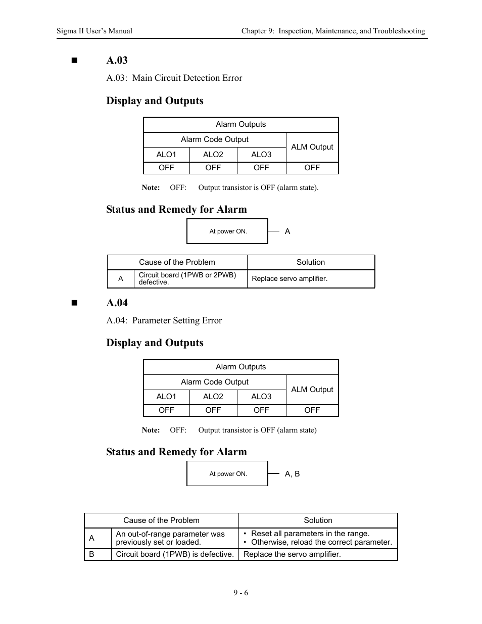 A.03, Display and outputs, Status and remedy for alarm | A.04 | Yaskawa Sigma II Series Servo System User Manual | Page 394 / 492