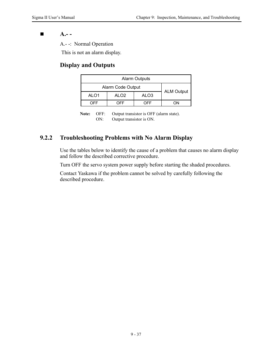 2 troubleshooting problems with no alarm display, Troubleshooting problems with no alarm display -37, Display and outputs | Yaskawa Sigma II Series Servo System User Manual | Page 425 / 492