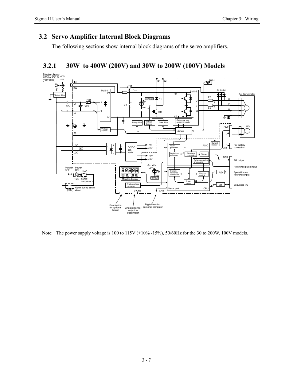 2 servo amplifier internal block diagrams, 1 30w to 400w (200v) and 30w to 200w (100v) models, 2 servo amplifier internal block diagrams - 7 | 2 servo amplifier internal block diagrams -7, Sigma ii user’s manual chapter 3: wiring 3 - 7 | Yaskawa Sigma II Series Servo System User Manual | Page 45 / 492