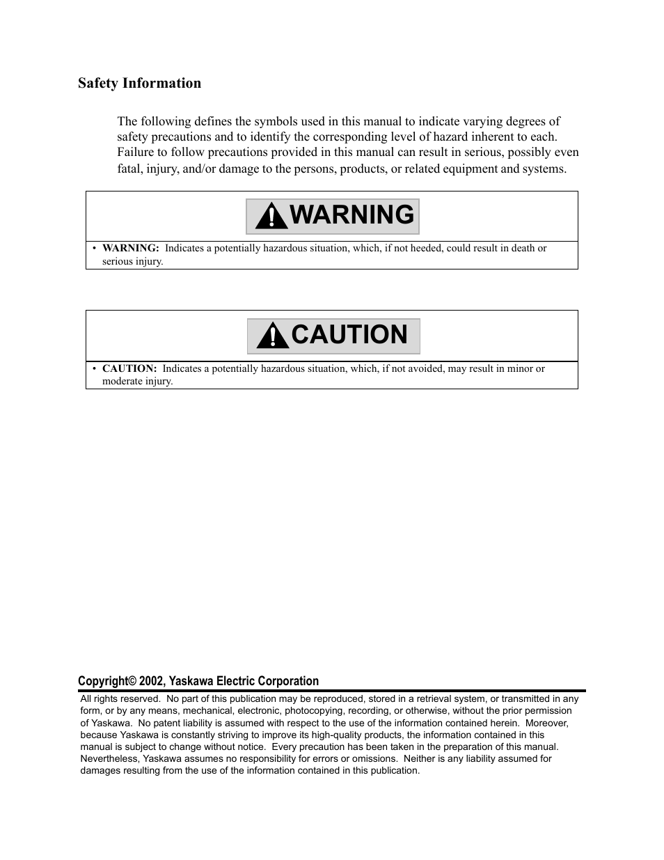 Warning caution | Yaskawa Sigma II Series Servo System User Manual | Page 5 / 492