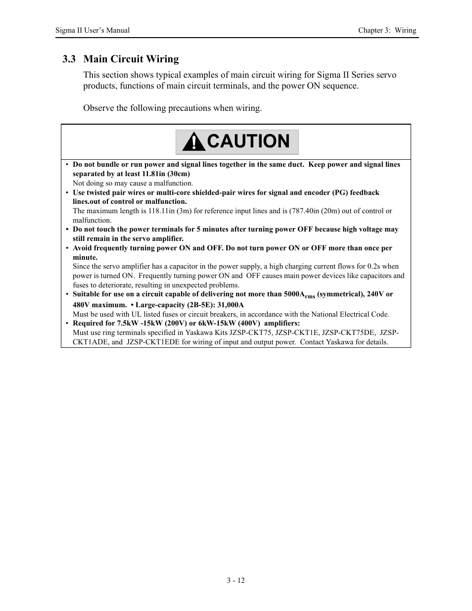 3 main circuit wiring, 3 main circuit wiring - 12, 3 main circuit wiring -12 | Caution | Yaskawa Sigma II Series Servo System User Manual | Page 50 / 492
