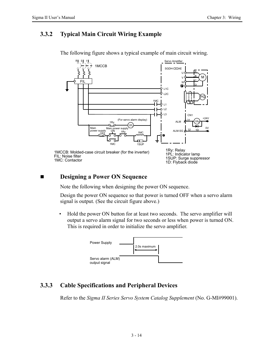 2 typical main circuit wiring example, 3 cable specifications and peripheral devices, Typical main circuit wiring example -14 | Cable specifications and peripheral devices -14, Designing a power on sequence | Yaskawa Sigma II Series Servo System User Manual | Page 52 / 492