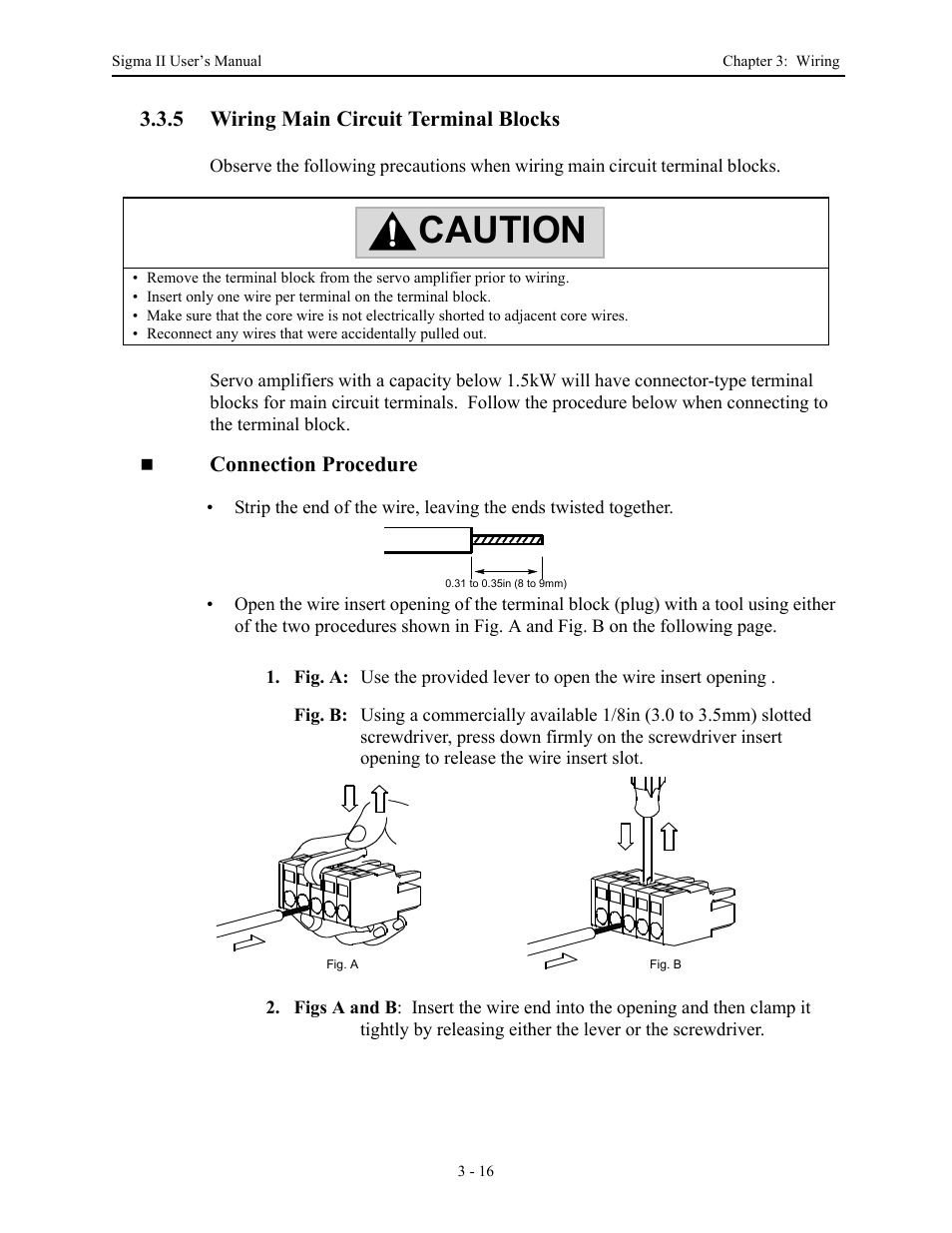 5 wiring main circuit terminal blocks, 5 wiring main circuit terminal blocks - 16, Wiring main circuit terminal blocks -16 | Caution | Yaskawa Sigma II Series Servo System User Manual | Page 54 / 492