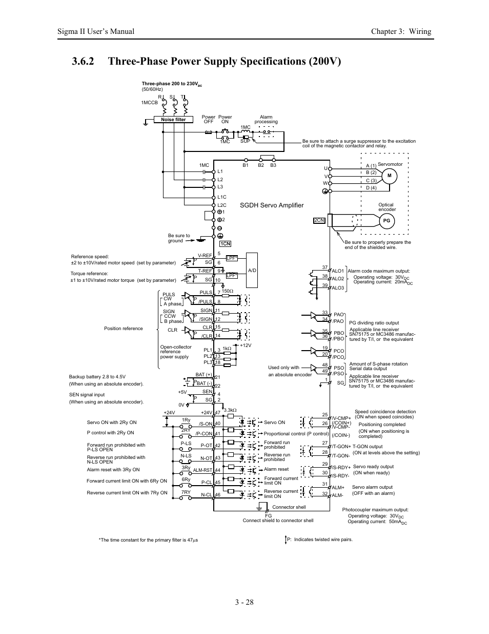 2 three-phase power supply specifications (200v), Three-phase power supply specifications (200v) -28, Sigma ii user’s manual chapter 3: wiring 3 - 28 | Yaskawa Sigma II Series Servo System User Manual | Page 66 / 492