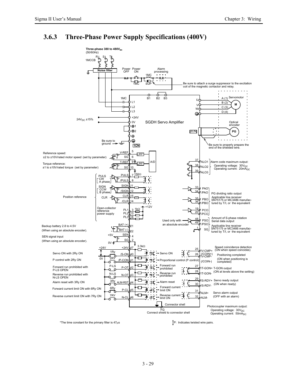 3 three-phase power supply specifications (400v), Three-phase power supply specifications (400v) -29, Sigma ii user’s manual chapter 3: wiring 3 - 29 | Yaskawa Sigma II Series Servo System User Manual | Page 67 / 492