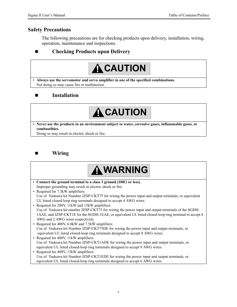Caution, Caution warning, Safety precautions | Checking products upon delivery installation, Wiring | Yaskawa Sigma II Series Servo System User Manual | Page 7 / 492