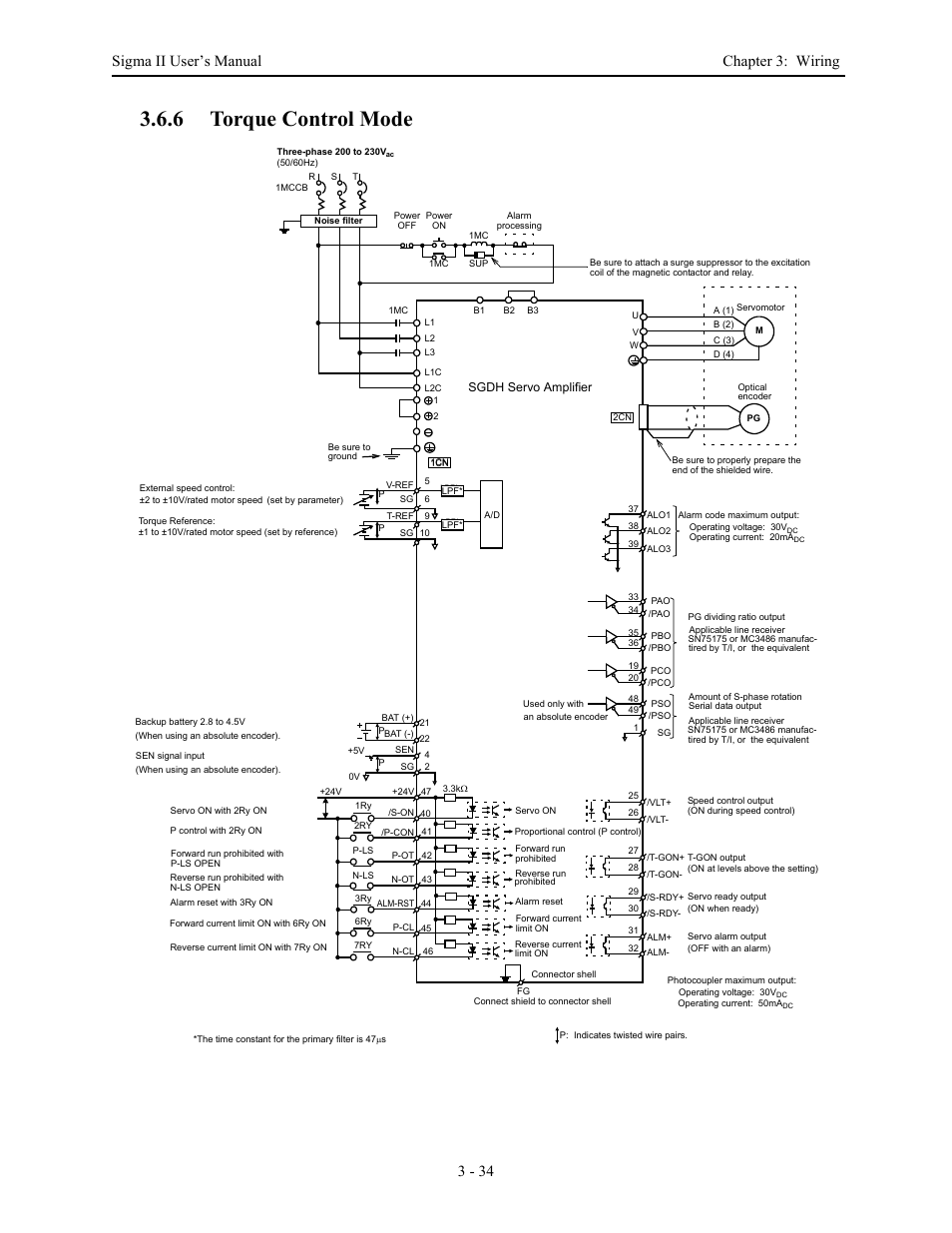 6 torque control mode, 6 torque control mode - 34, Torque control mode -34 | Sigma ii user’s manual chapter 3: wiring 3 - 34 | Yaskawa Sigma II Series Servo System User Manual | Page 72 / 492