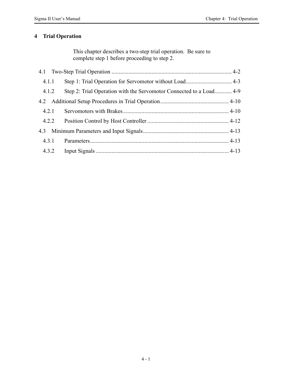 4 trial operation, Trial operation - 1 | Yaskawa Sigma II Series Servo System User Manual | Page 73 / 492