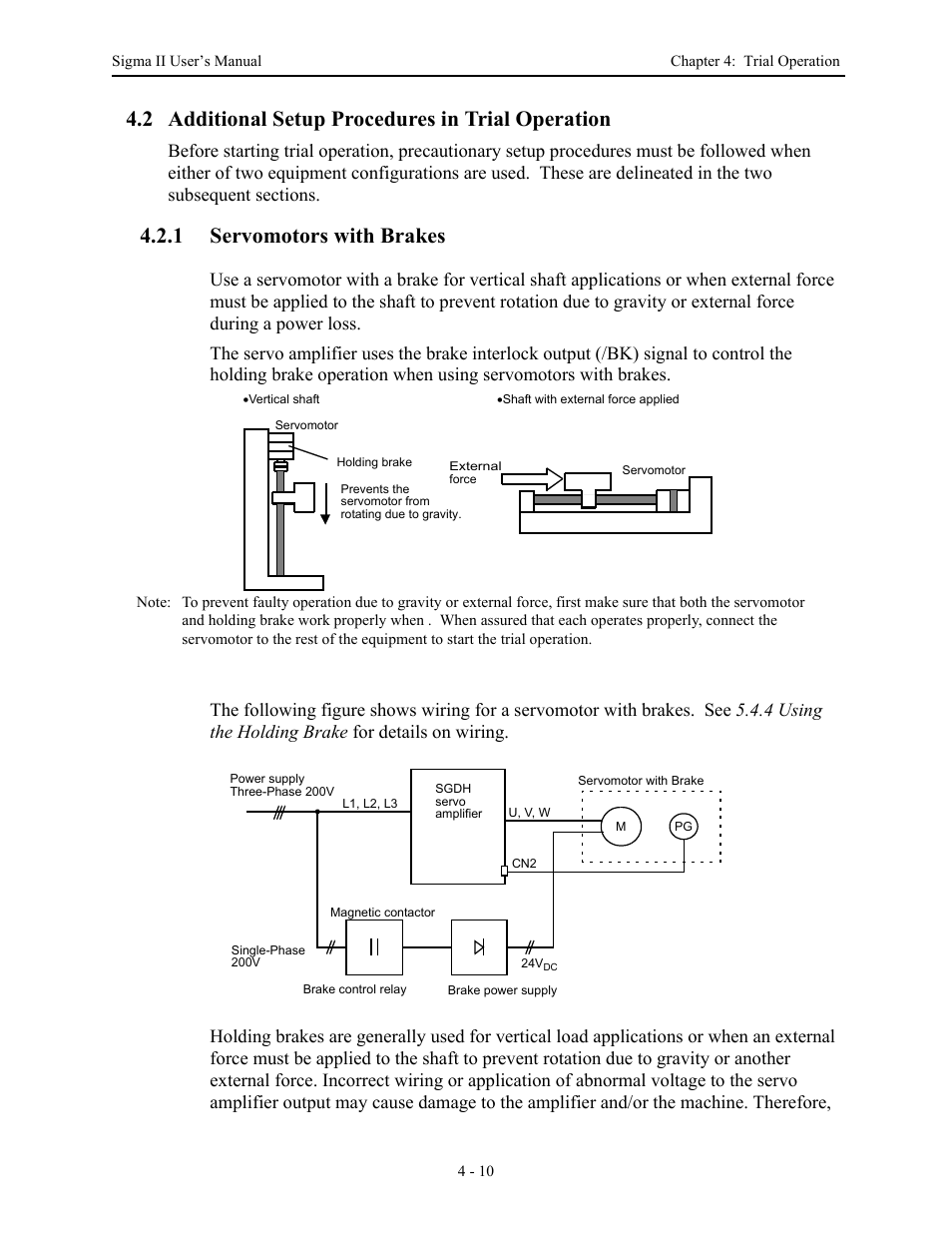 2 additional setup procedures in trial operation, 1 servomotors with brakes, 1 servomotors with brakes - 10 | Servomotors with brakes -10 | Yaskawa Sigma II Series Servo System User Manual | Page 82 / 492