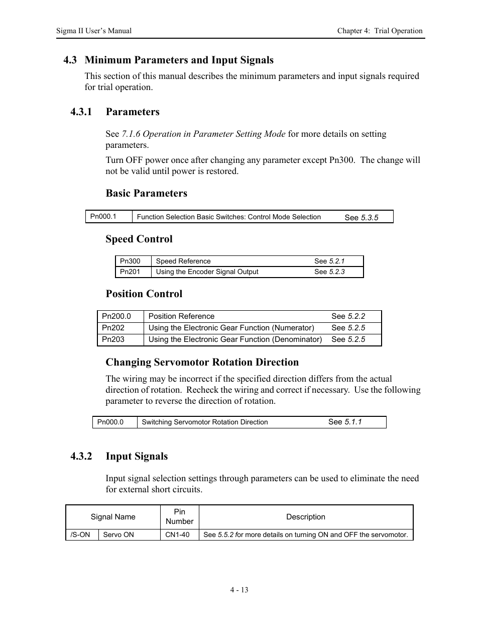 3 minimum parameters and input signals, 1 parameters, 2 input signals | 3 minimum parameters and input signals - 13, 1 parameters - 13 4.3.2 input signals - 13, 3 minimum parameters and input signals -13, Parameters -13, Input signals -13 | Yaskawa Sigma II Series Servo System User Manual | Page 85 / 492