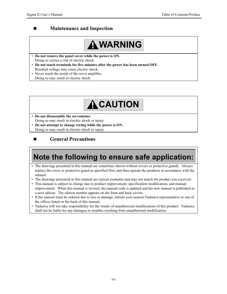 Warning caution | Yaskawa Sigma II Series Servo System User Manual | Page 9 / 492