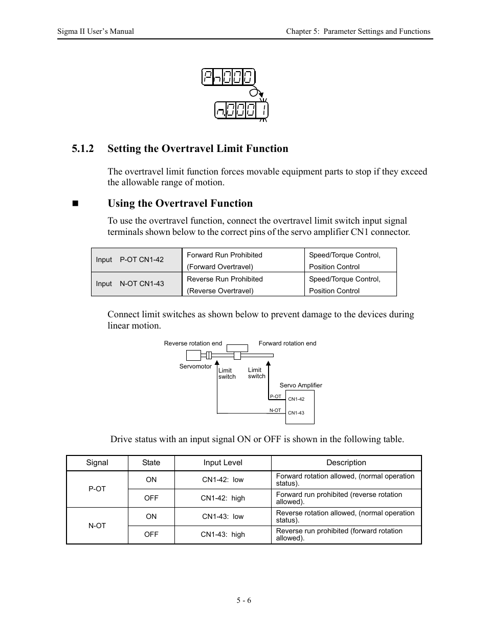 2 setting the overtravel limit function, 2 setting the overtravel limit function - 6, Setting the overtravel limit function -6 | Using the overtravel function | Yaskawa Sigma II Series Servo System User Manual | Page 92 / 492