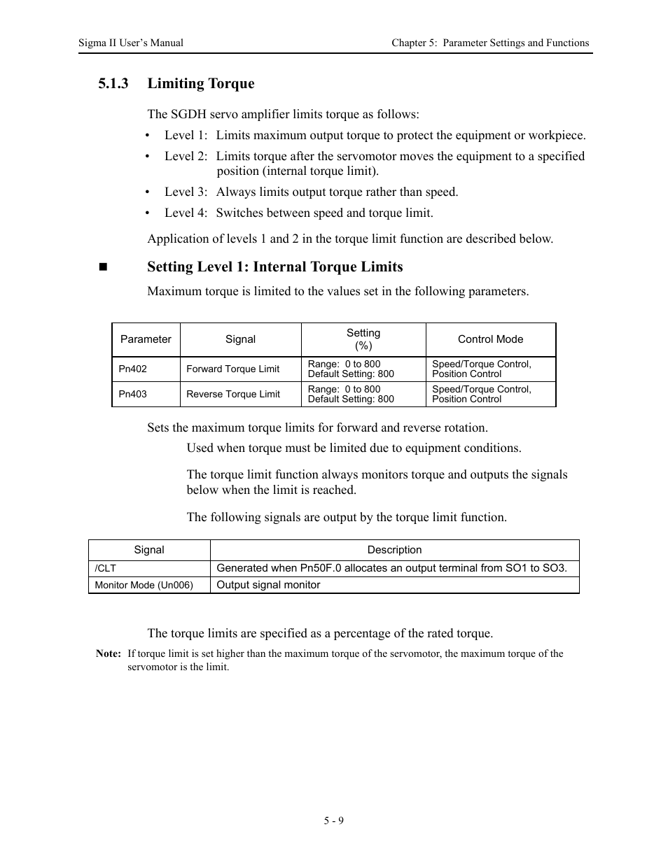 3 limiting torque, 3 limiting torque - 9, Limiting torque -9 | Setting level 1: internal torque limits | Yaskawa Sigma II Series Servo System User Manual | Page 95 / 492