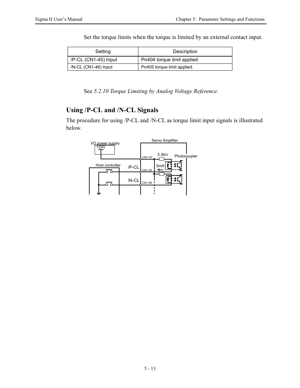 Using /p-cl and /n-cl signals | Yaskawa Sigma II Series Servo System User Manual | Page 99 / 492