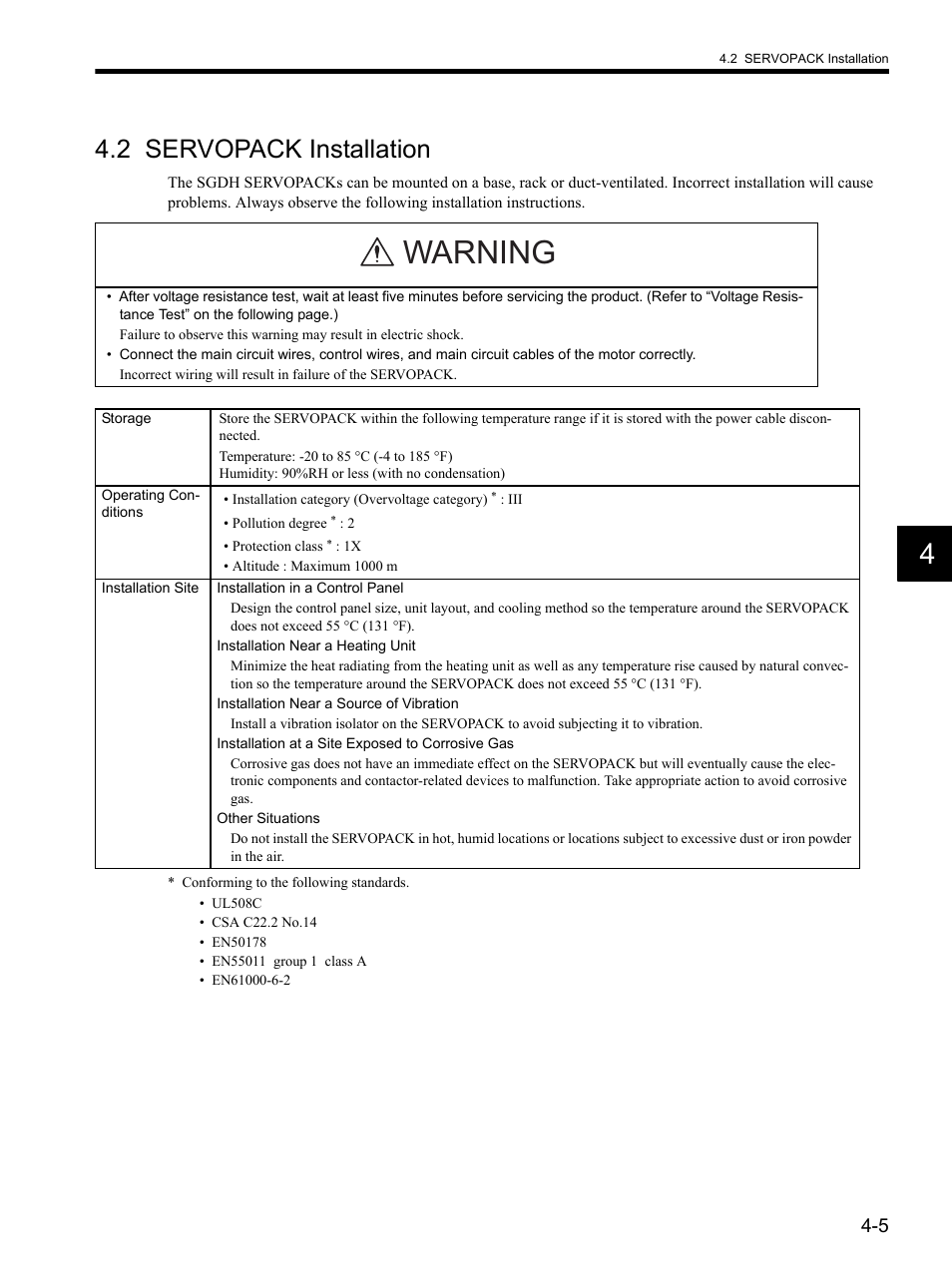 2 servopack installation, 2 servopack installation -5, Warning | Yaskawa SGDH Linear Sigma Series User Manual | Page 103 / 425