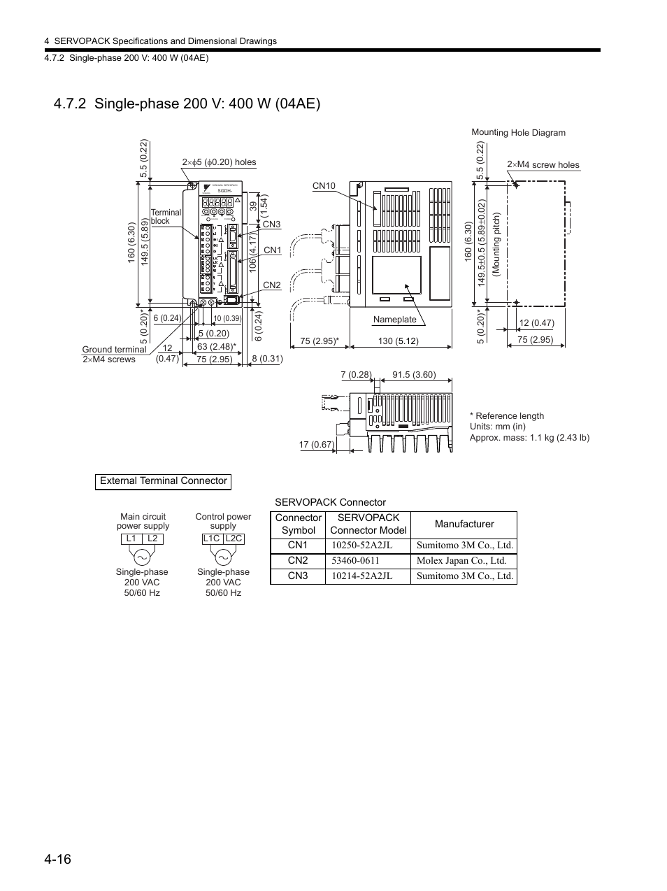 2 single-phase 200 v: 400 w (04ae), 2 single-phase 200 v: 400 w (04ae) -16 | Yaskawa SGDH Linear Sigma Series User Manual | Page 114 / 425