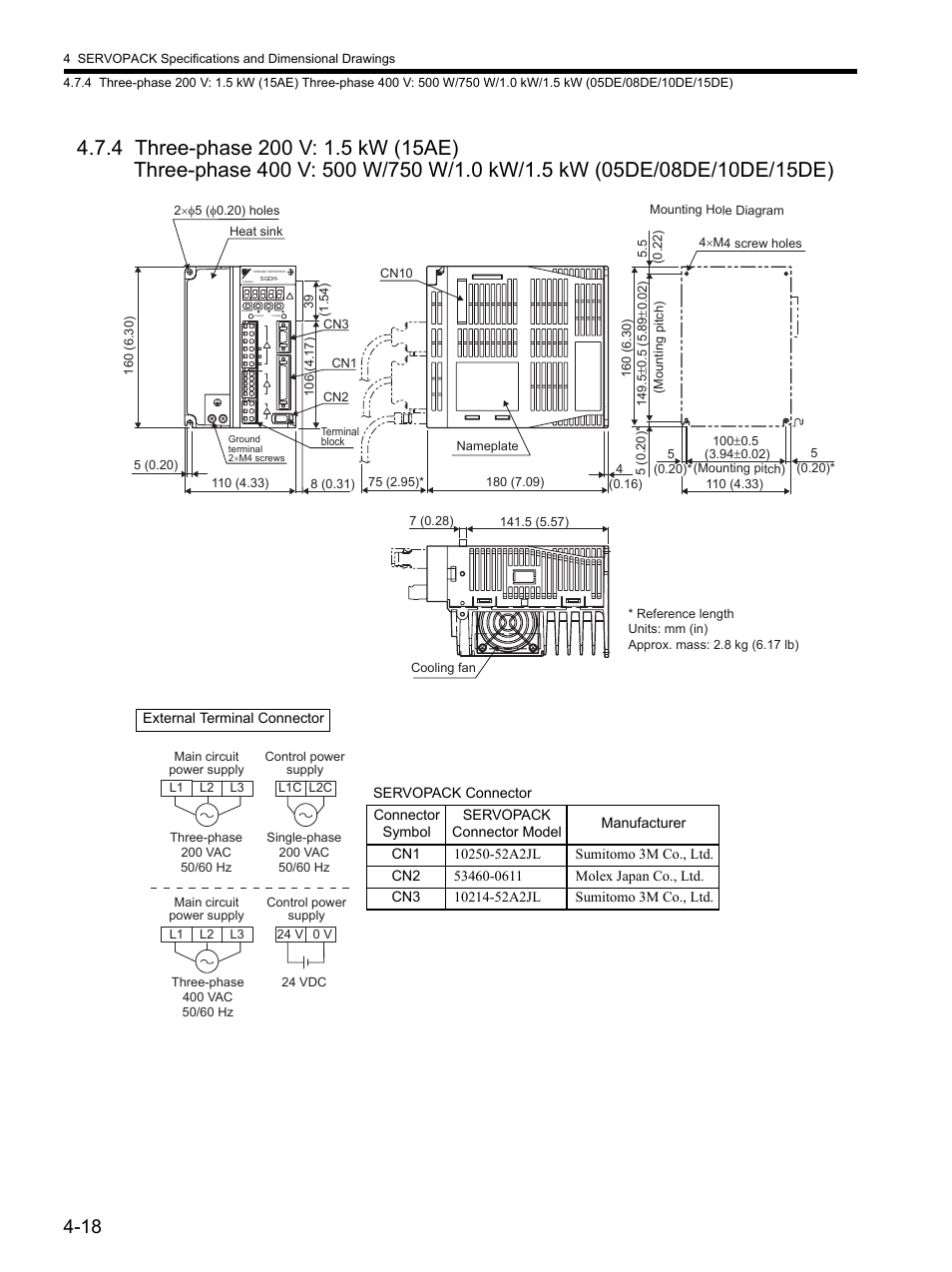 4 three-phase 200 v: 1.5 kw (15ae) | Yaskawa SGDH Linear Sigma Series User Manual | Page 116 / 425