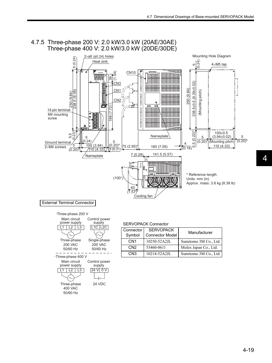 5 three-phase 200 v: 2.0 kw/3.0 kw (20ae/30ae), Three-phase 400 v: 2.0 kw/3.0 kw (20de/30de) -19 | Yaskawa SGDH Linear Sigma Series User Manual | Page 117 / 425