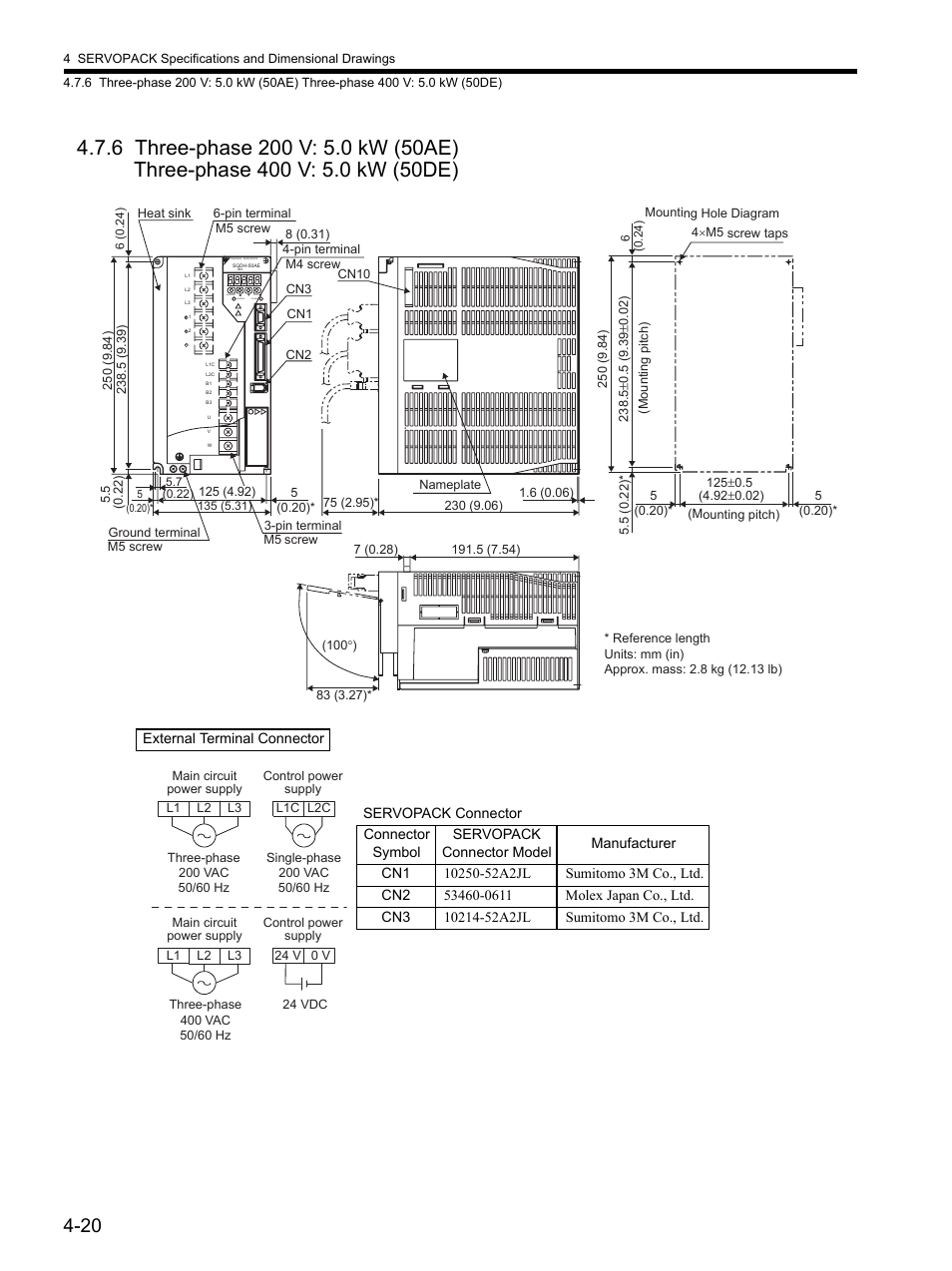 6 three-phase 200 v: 5.0 kw (50ae), Three-phase 400 v: 5.0 kw (50de) -20 | Yaskawa SGDH Linear Sigma Series User Manual | Page 118 / 425