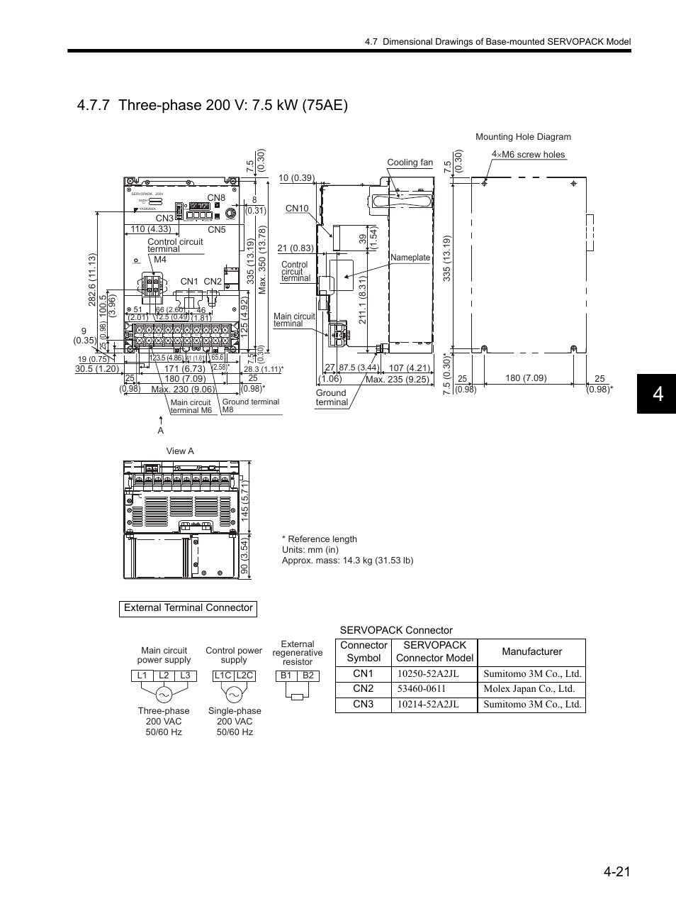 7 three-phase 200 v: 7.5 kw (75ae), 7 three-phase 200 v: 7.5 kw (75ae) -21 | Yaskawa SGDH Linear Sigma Series User Manual | Page 119 / 425
