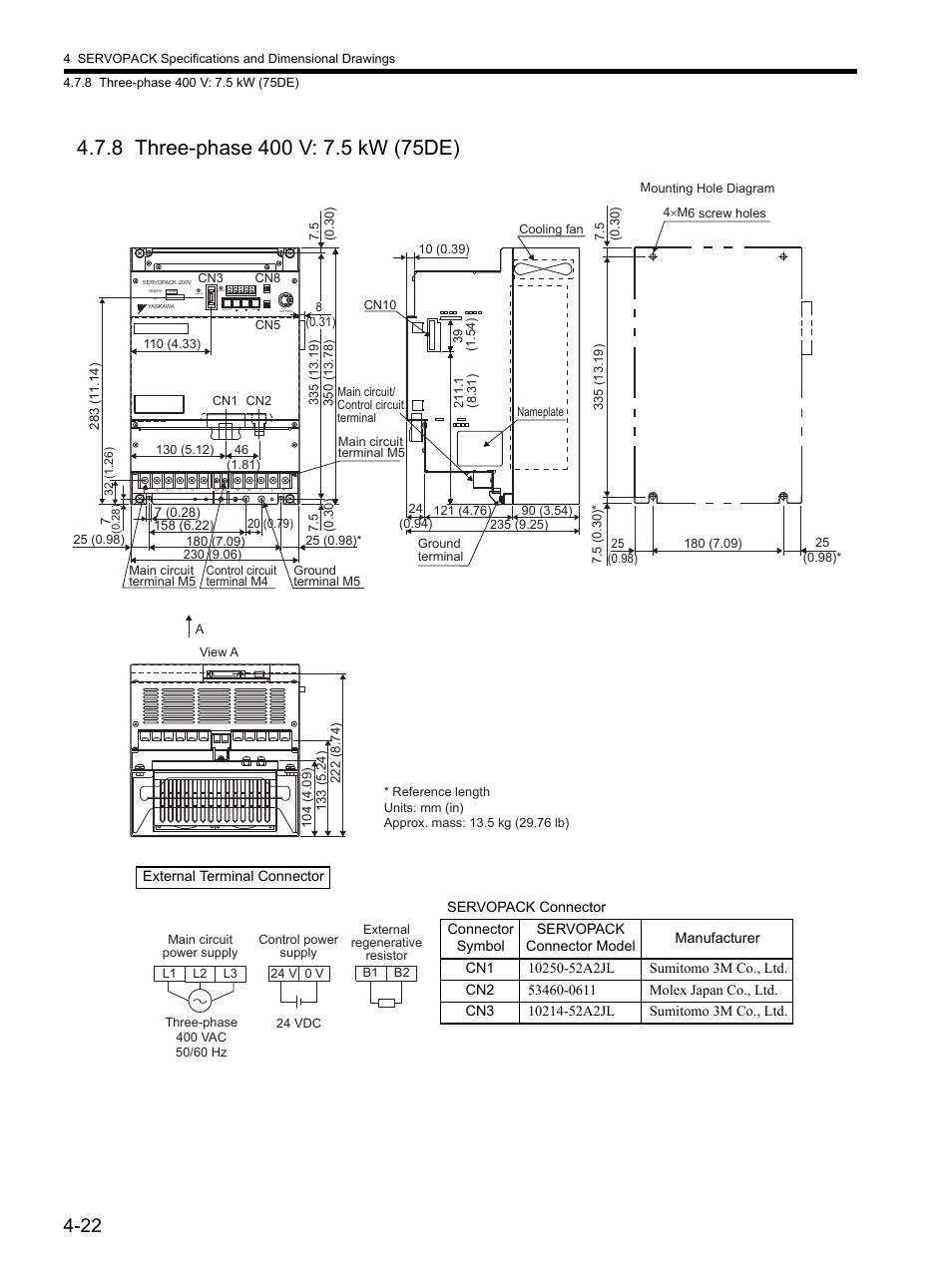 8 three-phase 400 v: 7.5 kw (75de), 8 three-phase 400 v: 7.5 kw (75de) -22 | Yaskawa SGDH Linear Sigma Series User Manual | Page 120 / 425