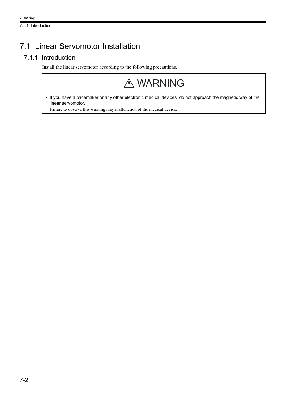 1 linear servomotor installation, 1 introduction, 1 linear servomotor installation -2 | 1 introduction -2, Warning | Yaskawa SGDH Linear Sigma Series User Manual | Page 166 / 425