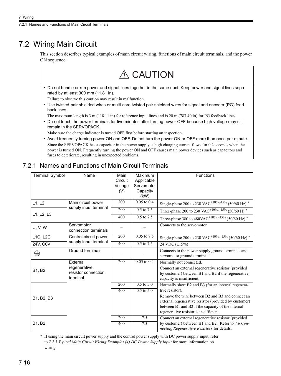 2 wiring main circuit, 1 names and functions of main circuit terminals, 2 wiring main circuit -16 | Caution | Yaskawa SGDH Linear Sigma Series User Manual | Page 180 / 425