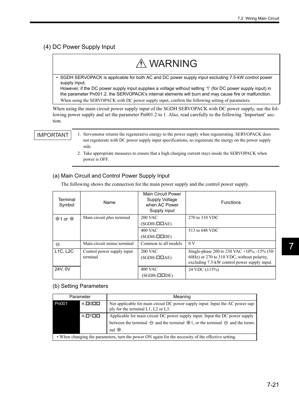 Warning, 4) dc power supply input | Yaskawa SGDH Linear Sigma Series User Manual | Page 185 / 425