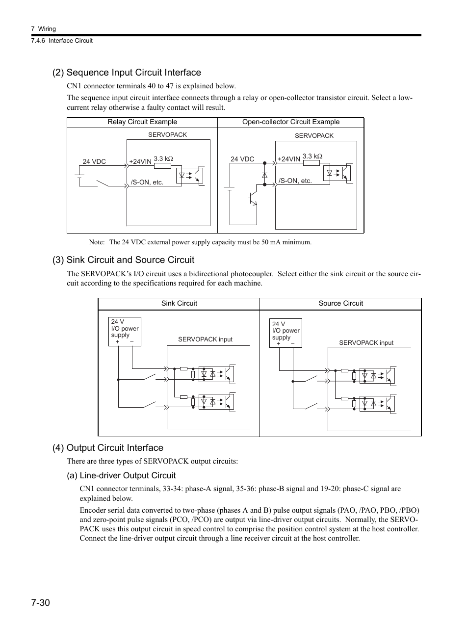 30 (2) sequence input circuit interface, 3) sink circuit and source circuit, 4) output circuit interface | Yaskawa SGDH Linear Sigma Series User Manual | Page 194 / 425