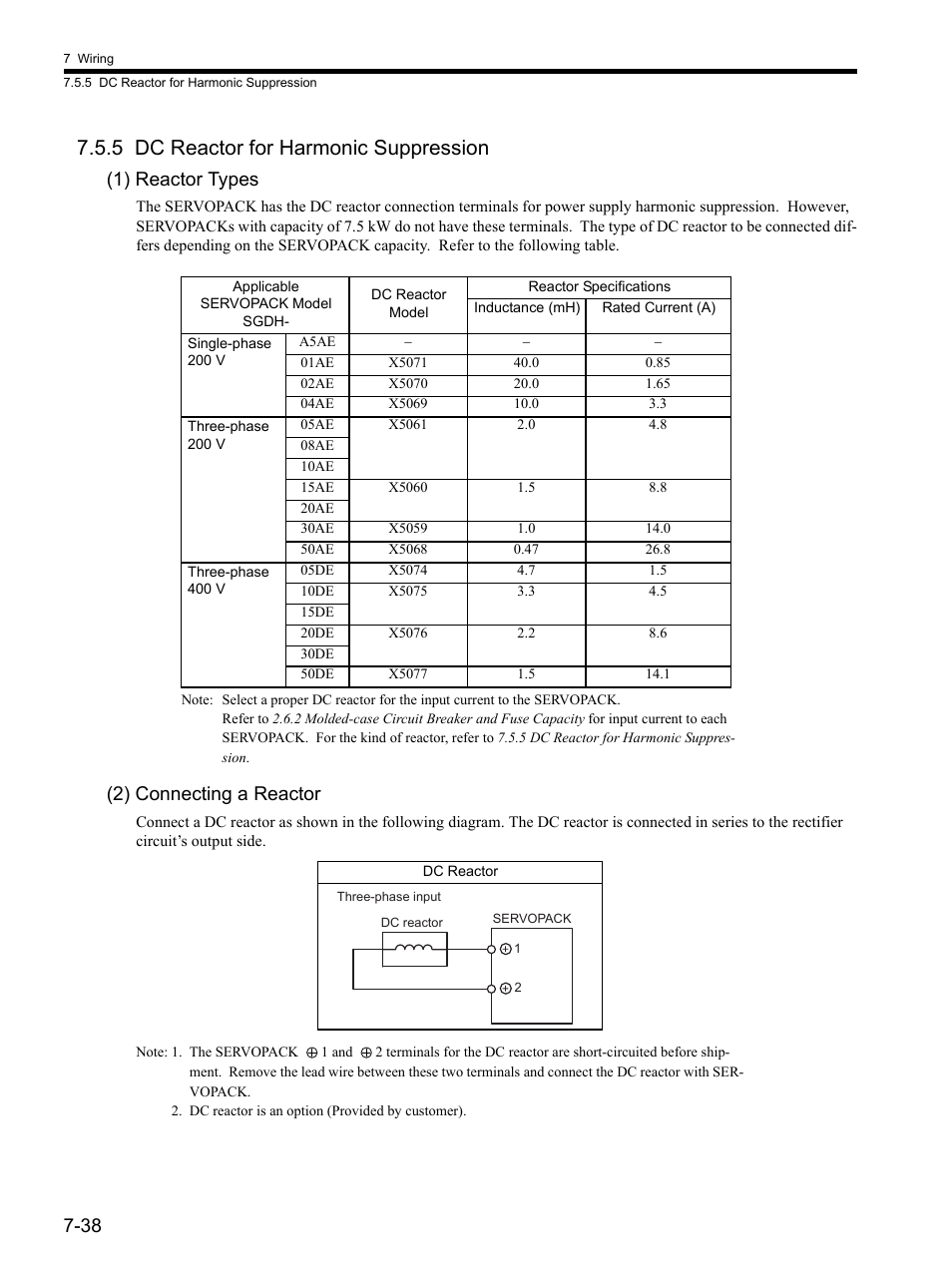 5 dc reactor for harmonic suppression, 5 dc reactor for harmonic suppression -38, 1) reactor types | 2) connecting a reactor | Yaskawa SGDH Linear Sigma Series User Manual | Page 202 / 425
