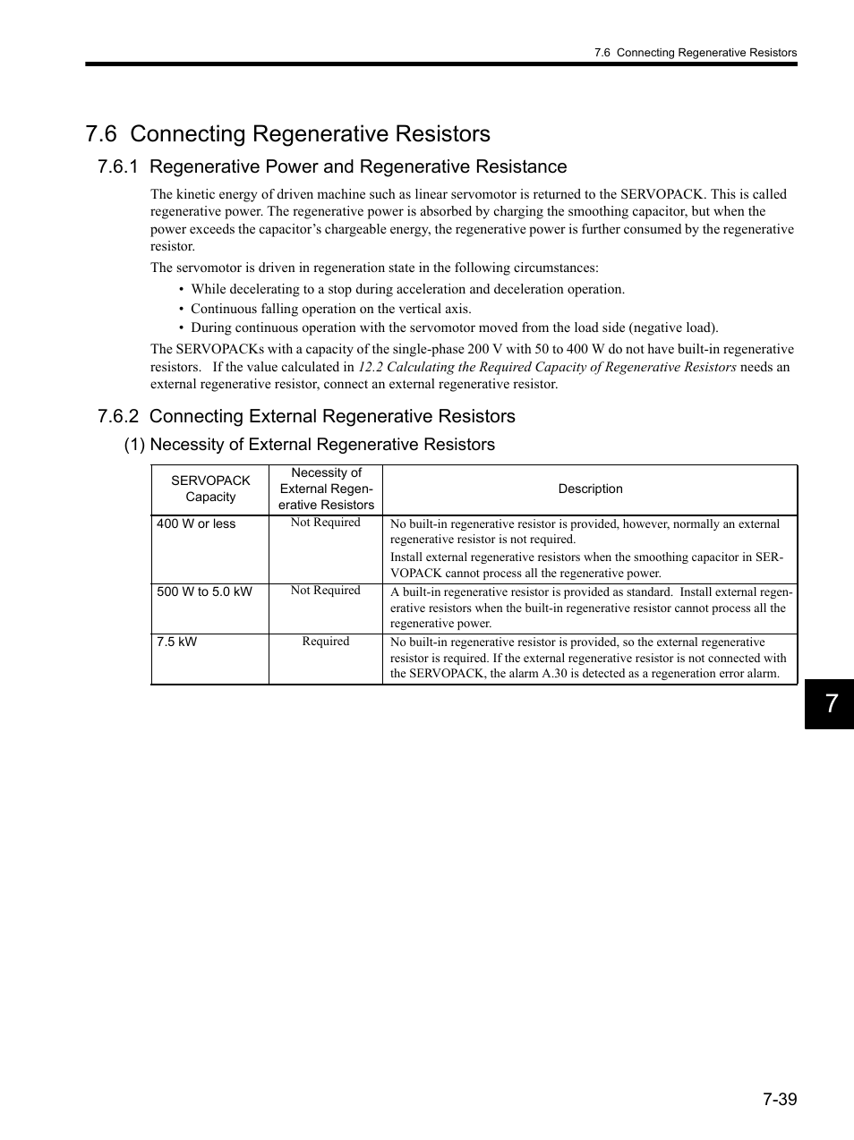 6 connecting regenerative resistors, 1 regenerative power and regenerative resistance, 2 connecting external regenerative resistors | 6 connecting regenerative resistors -39, D 7.6, Efer to 7.6 connecting regenerative resistors | Yaskawa SGDH Linear Sigma Series User Manual | Page 203 / 425