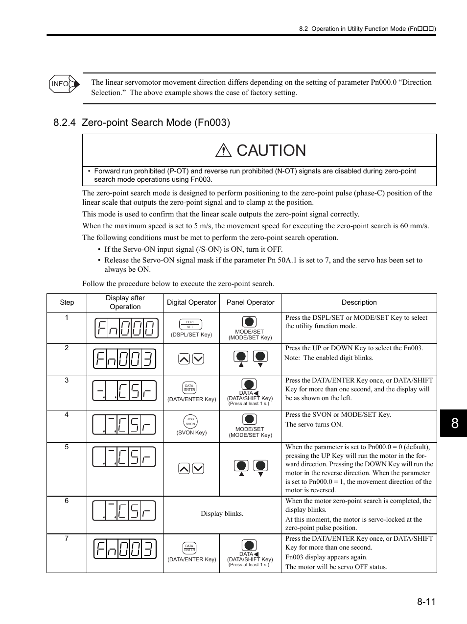 4 zero-point search mode (fn003), 4 zero-point search mode (fn003) -11, Caution | Yaskawa SGDH Linear Sigma Series User Manual | Page 219 / 425