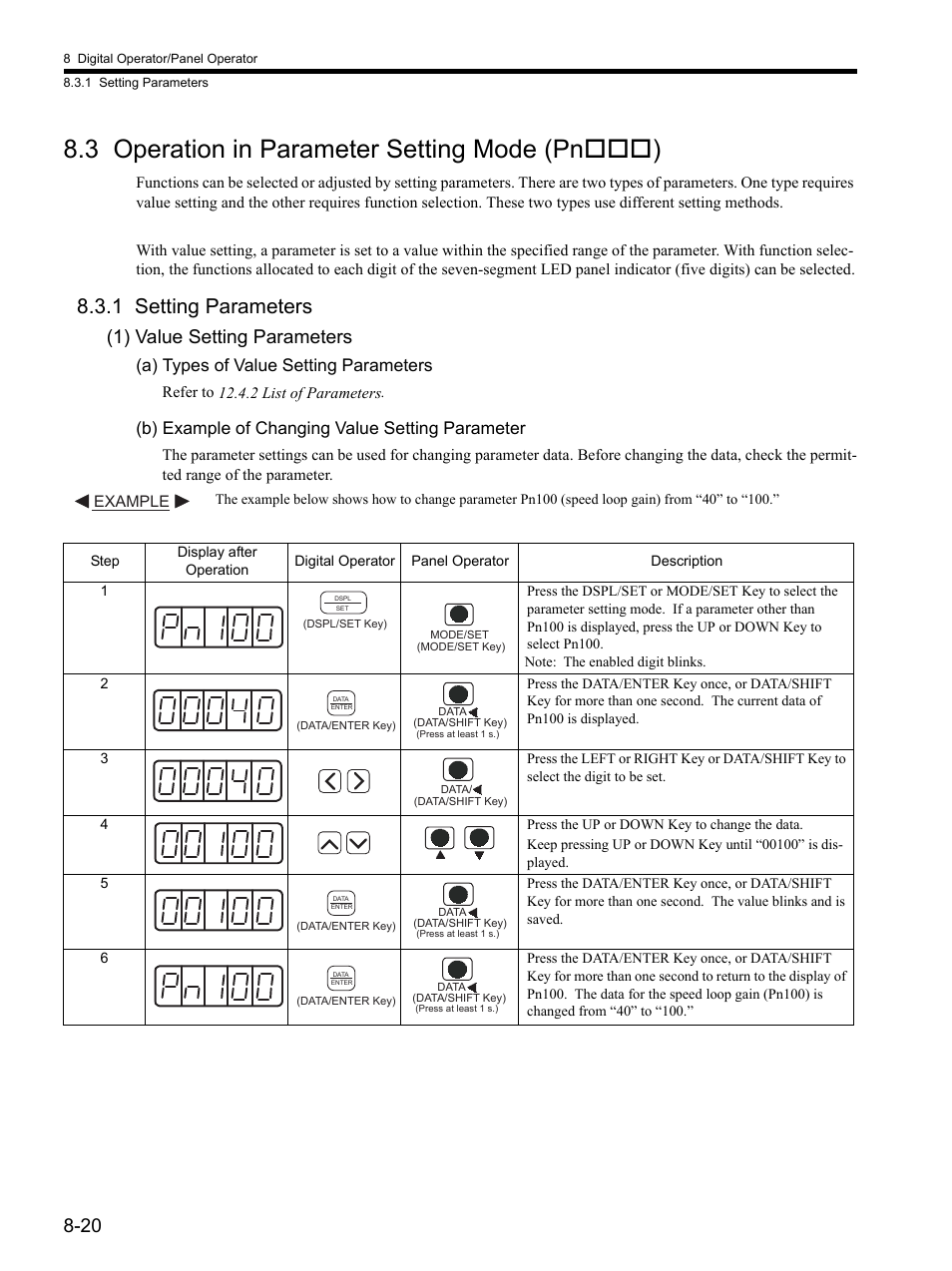 3 operation in parameter setting mode (pnooo), 1 setting parameters, 3 operation in parameter setting mode (pn | 1 setting parameters -20, 3 operation in parameter setting mode (pnooo) -20, 3 operation in parameter setting mode (pn), 1) value setting parameters, A) types of value setting parameters, B) example of changing value setting parameter, Example | Yaskawa SGDH Linear Sigma Series User Manual | Page 228 / 425
