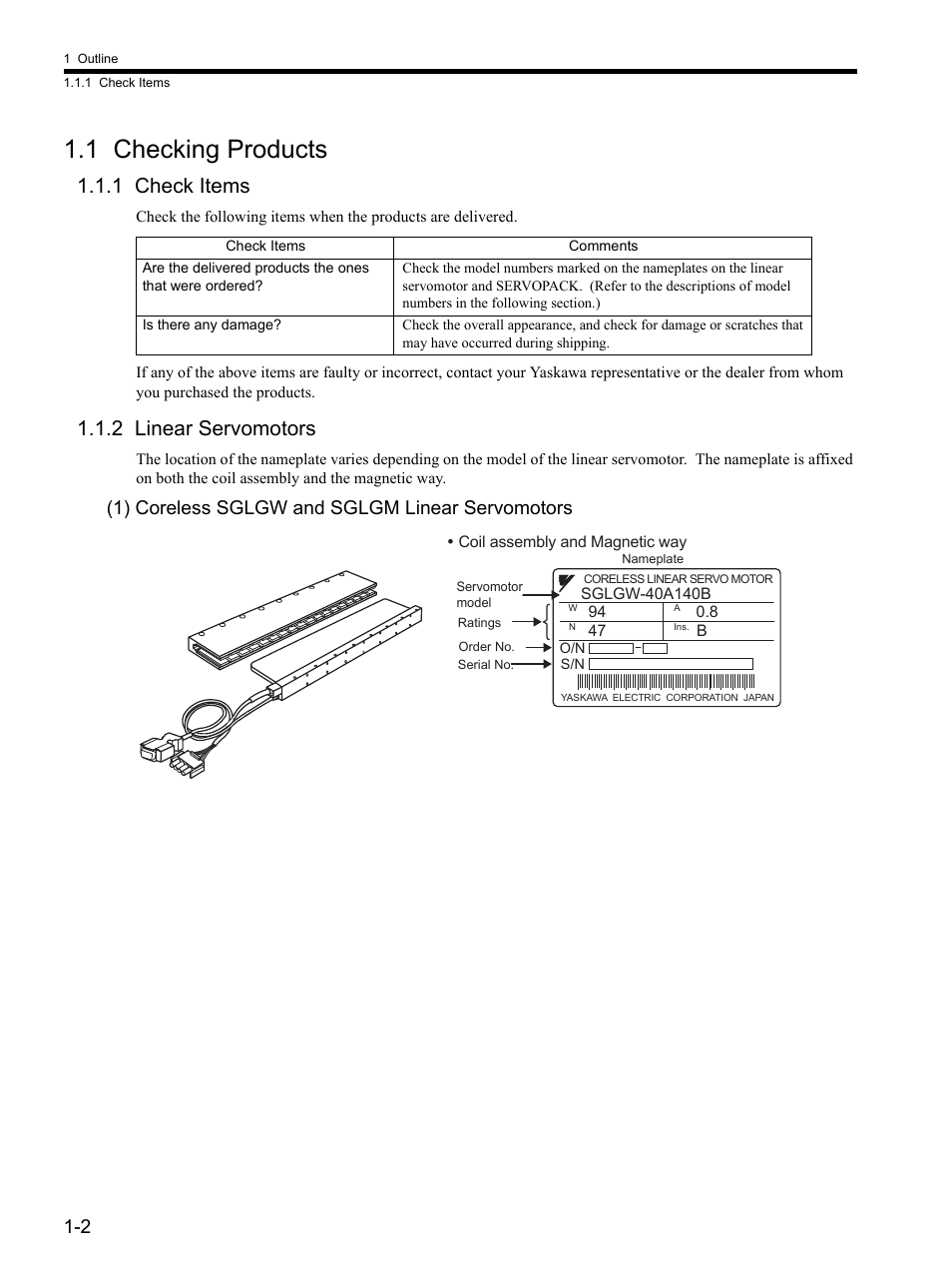 1 checking products, 1 check items, 2 linear servomotors | 1 checking products -2, 1 check items -2 1.1.2 linear servomotors -2, 1) coreless sglgw and sglgm linear servomotors | Yaskawa SGDH Linear Sigma Series User Manual | Page 24 / 425