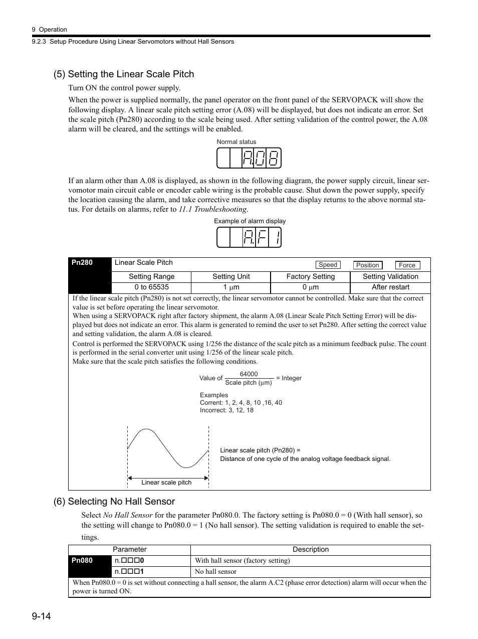 14 (5) setting the linear scale pitch, 6) selecting no hall sensor | Yaskawa SGDH Linear Sigma Series User Manual | Page 258 / 425