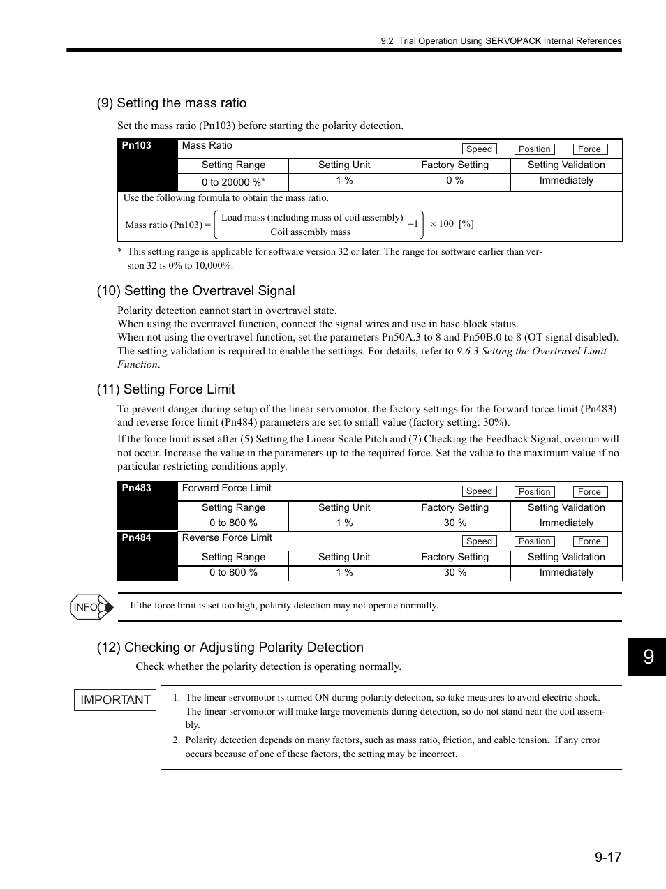 9) setting the mass ratio, 10) setting the overtravel signal, 11) setting force limit | 12) checking or adjusting polarity detection | Yaskawa SGDH Linear Sigma Series User Manual | Page 261 / 425