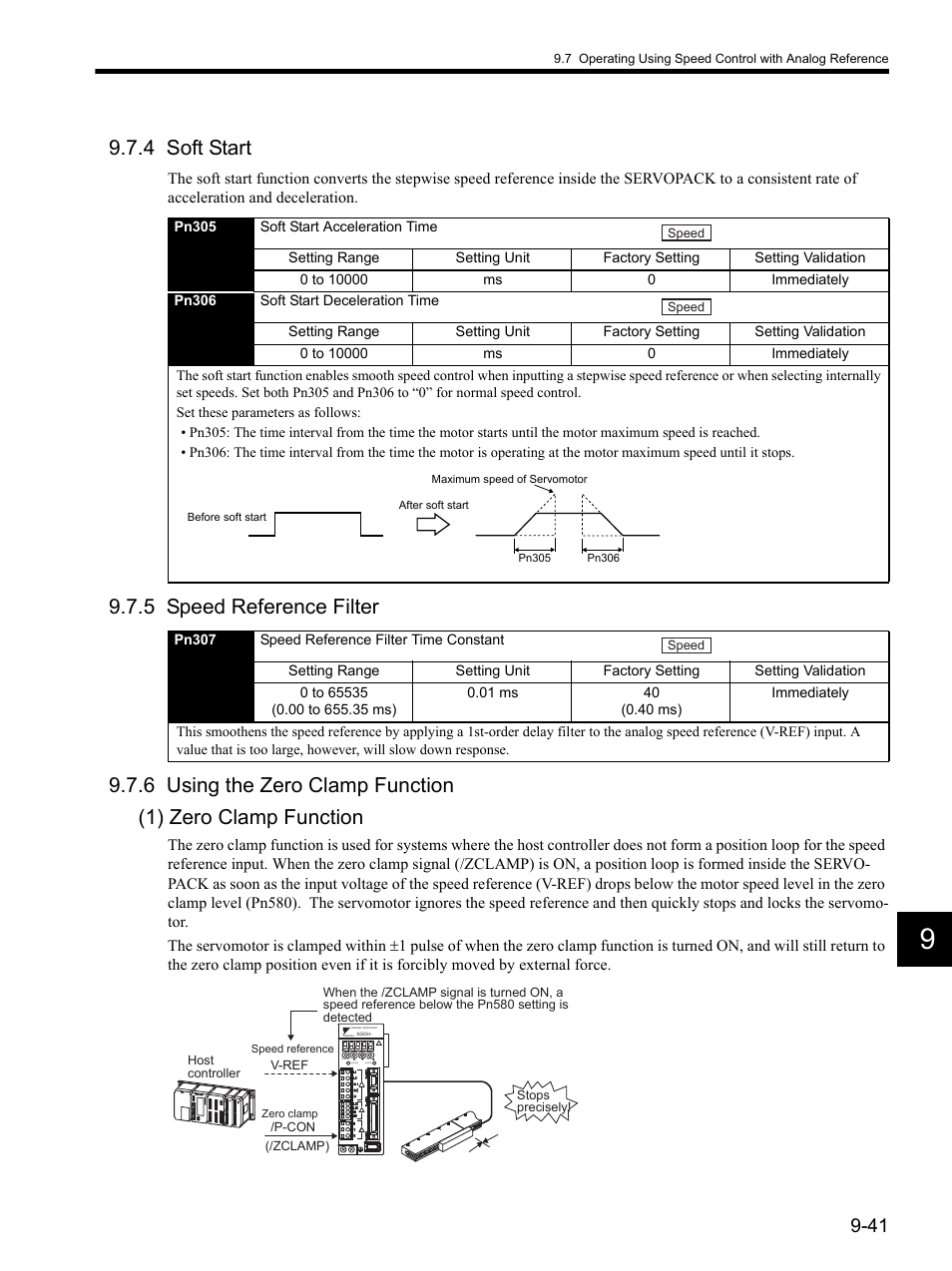 4 soft start, 5 speed reference filter, 6 using the zero clamp function | Yaskawa SGDH Linear Sigma Series User Manual | Page 285 / 425