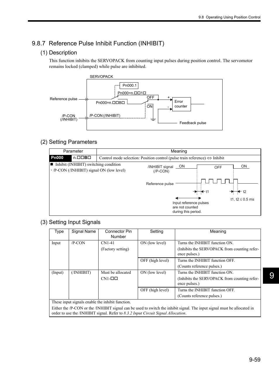 7 reference pulse inhibit function (inhibit), 7 reference pulse inhibit function (inhibit) -59, 1) description | 2) setting parameters (3) setting input signals | Yaskawa SGDH Linear Sigma Series User Manual | Page 303 / 425
